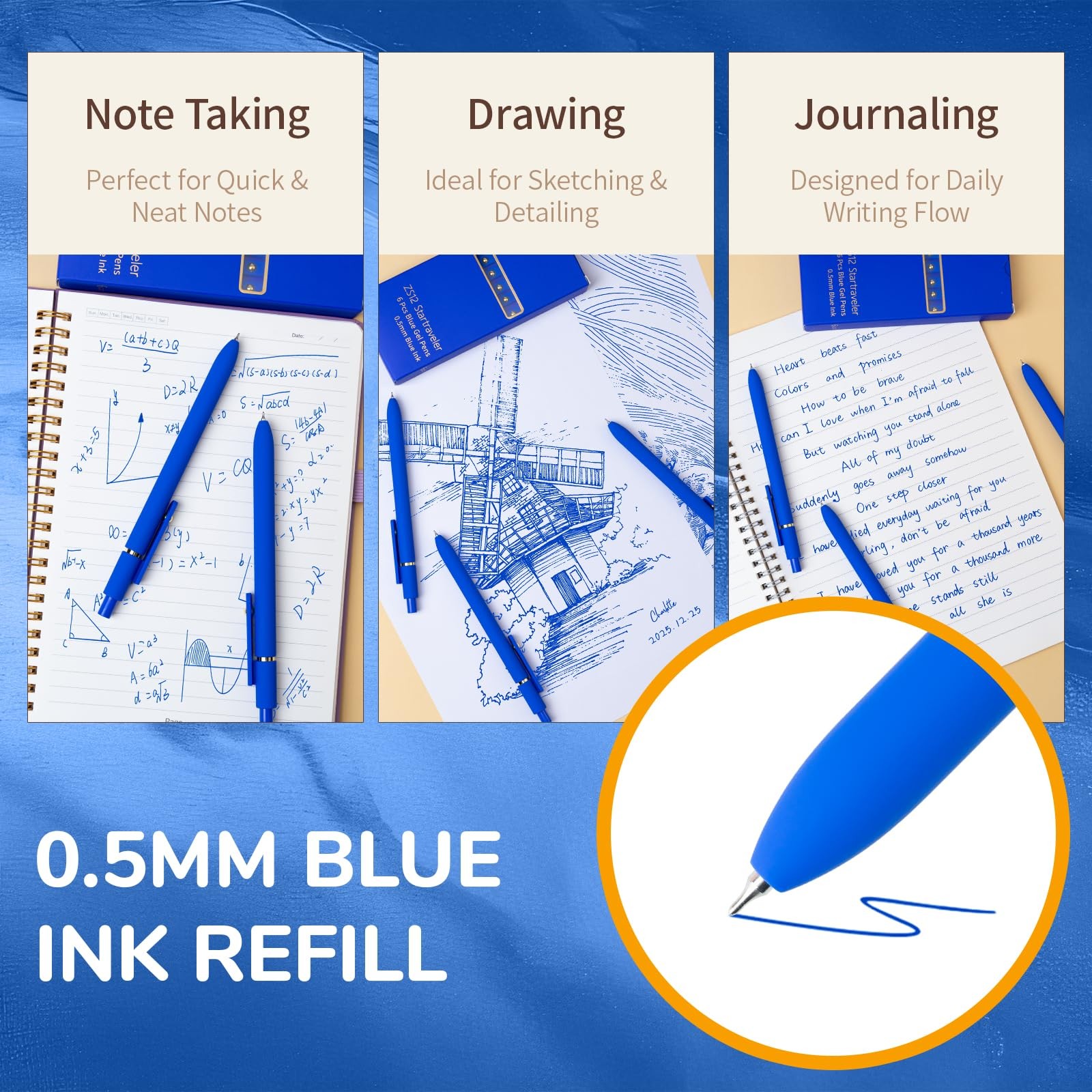 UIXJODO Blue Pens, 6 Pcs 1 Count (Pack of 6), 6 Gold – Ink