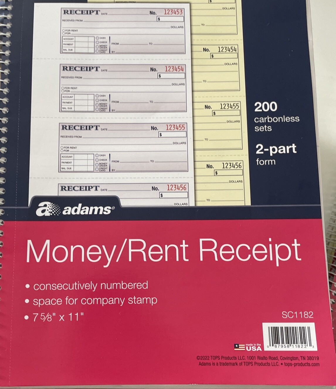 Adams Money Rent Receipt Book, 2 Part Carbonless, 7 5/8″ x 11″ Spiral 200 Sets