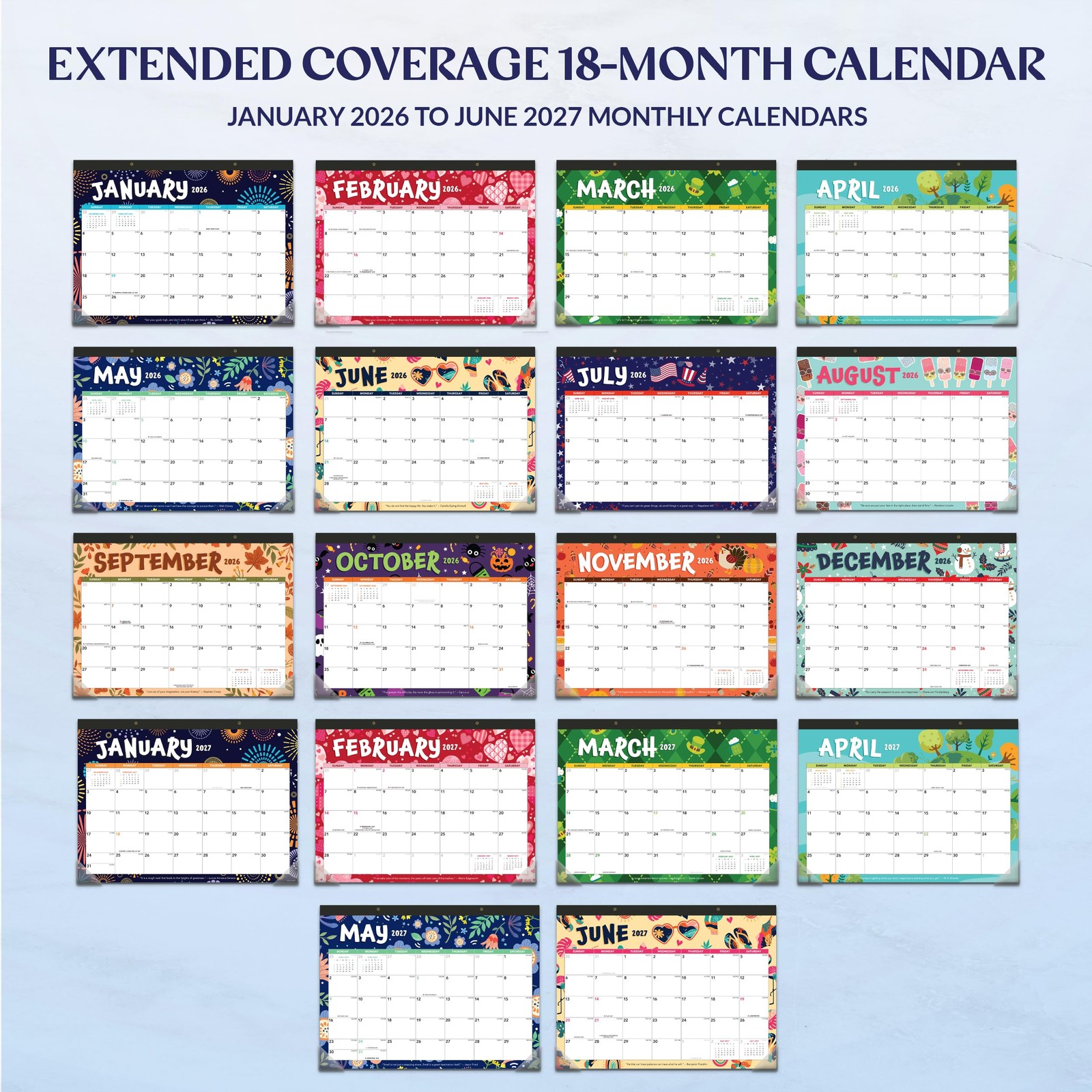 Decorably 18 Months Academic Desk Calendar 2026-2027 Colorful Assorted