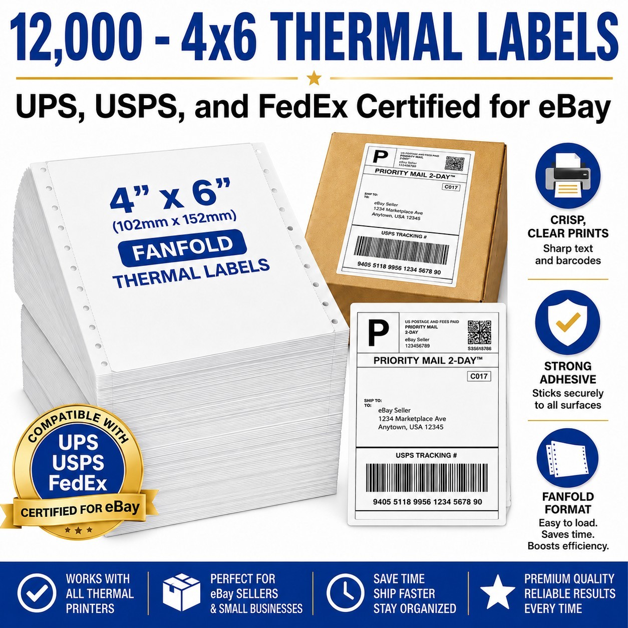12,000 4×6 Thermal Shipping Labels – Fanfold Labels for UPS USPS FedEx & eBay