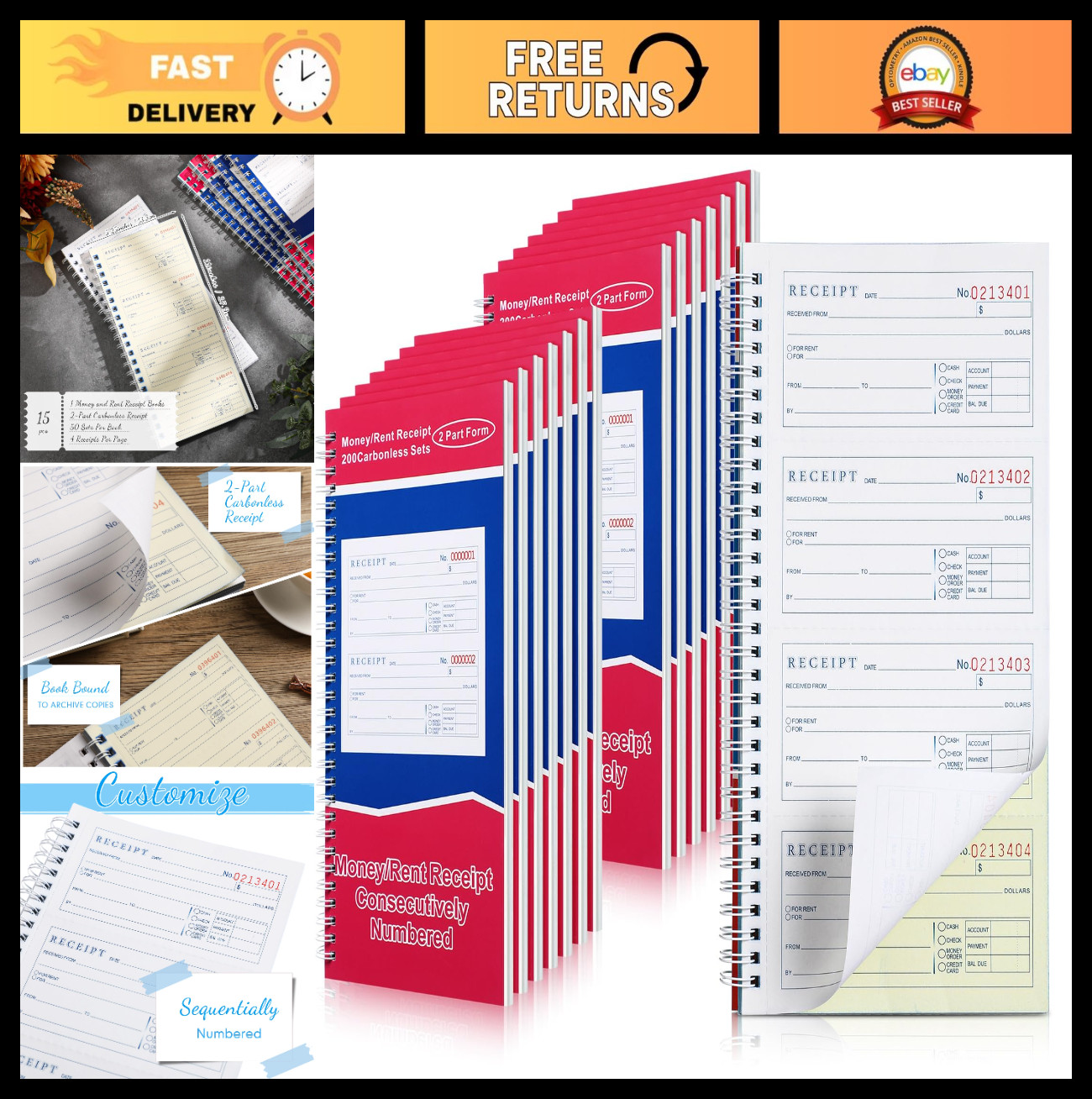 Carbonless Money & Rent Receipt Book – 200 Sets, Spiral Bound, 4 Receipts/Page,
