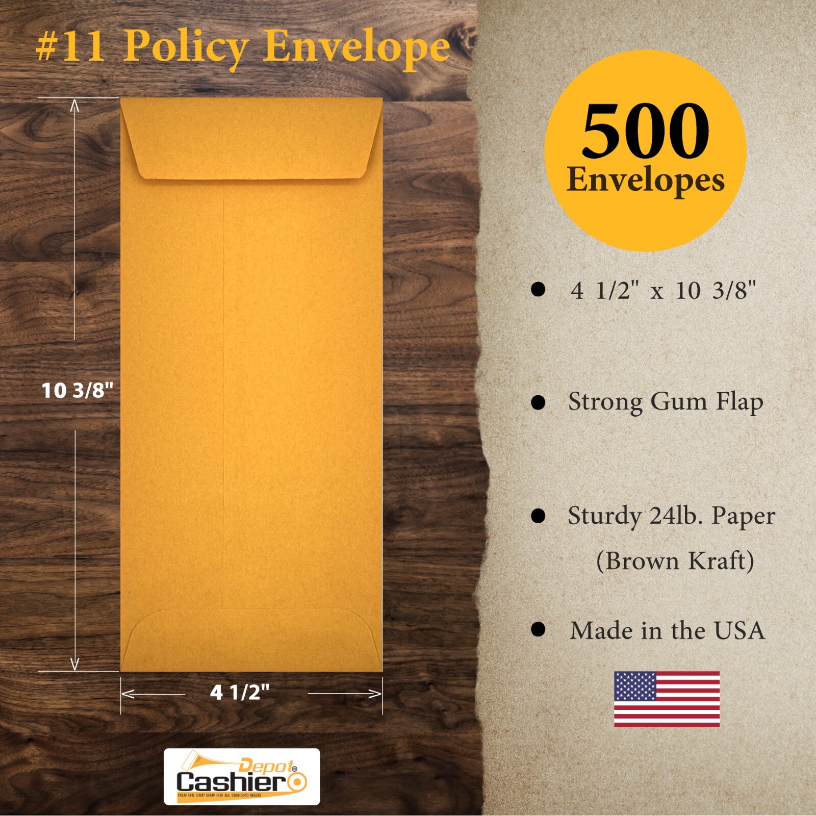 #11 Policy Envelope (Open End), 4 1/2″ X 10 3/8″, Premium 24lb. Kraft, 500/Box