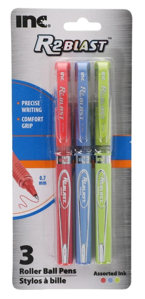 Inc R-2 Blast Comfort-Grip Roller Ball Pens 0.7mm, ~ Orange, Blue, Lime Ink
