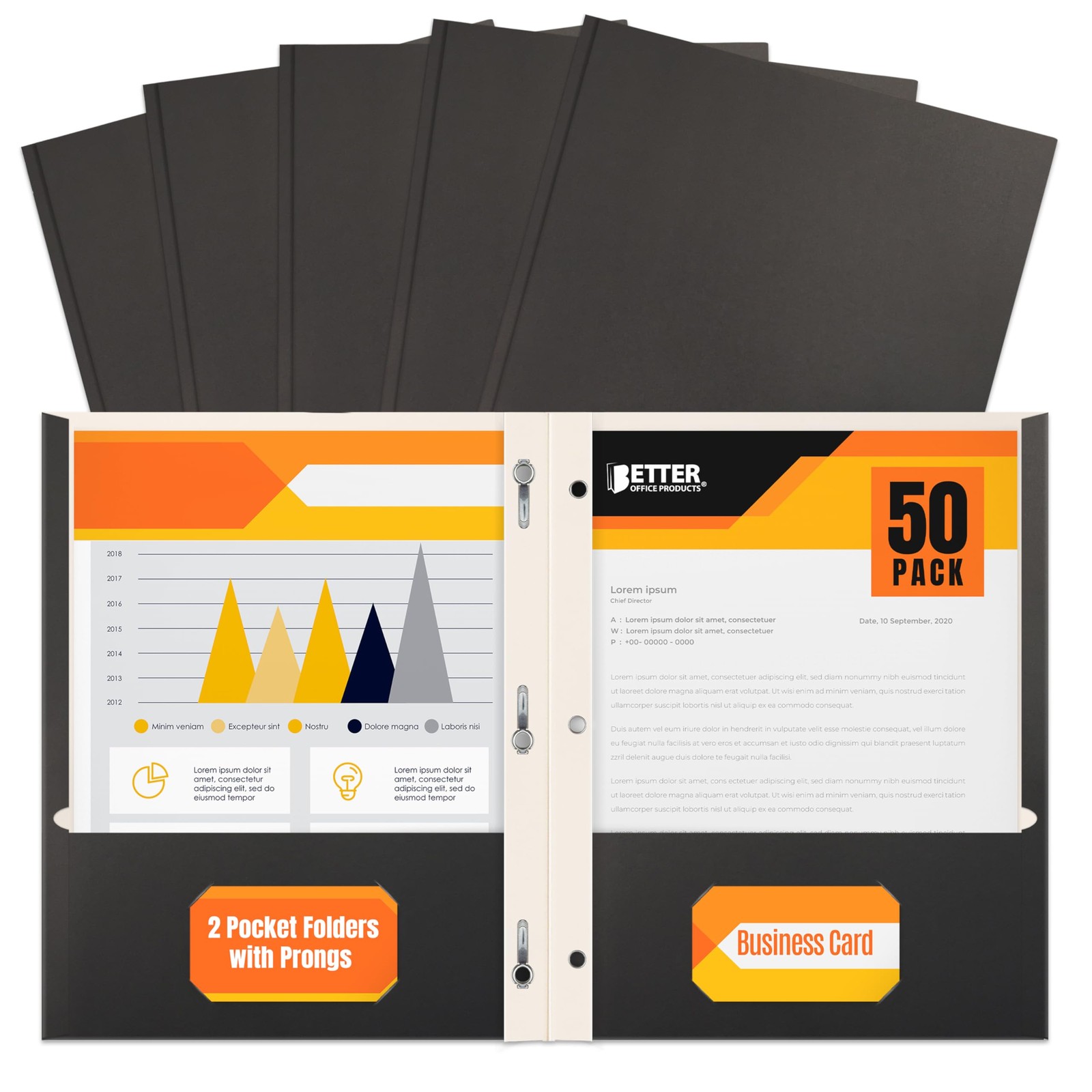 Black Paper 2 Pocket Folders with Prongs, 50 Pack, by Better Office Products, Ma