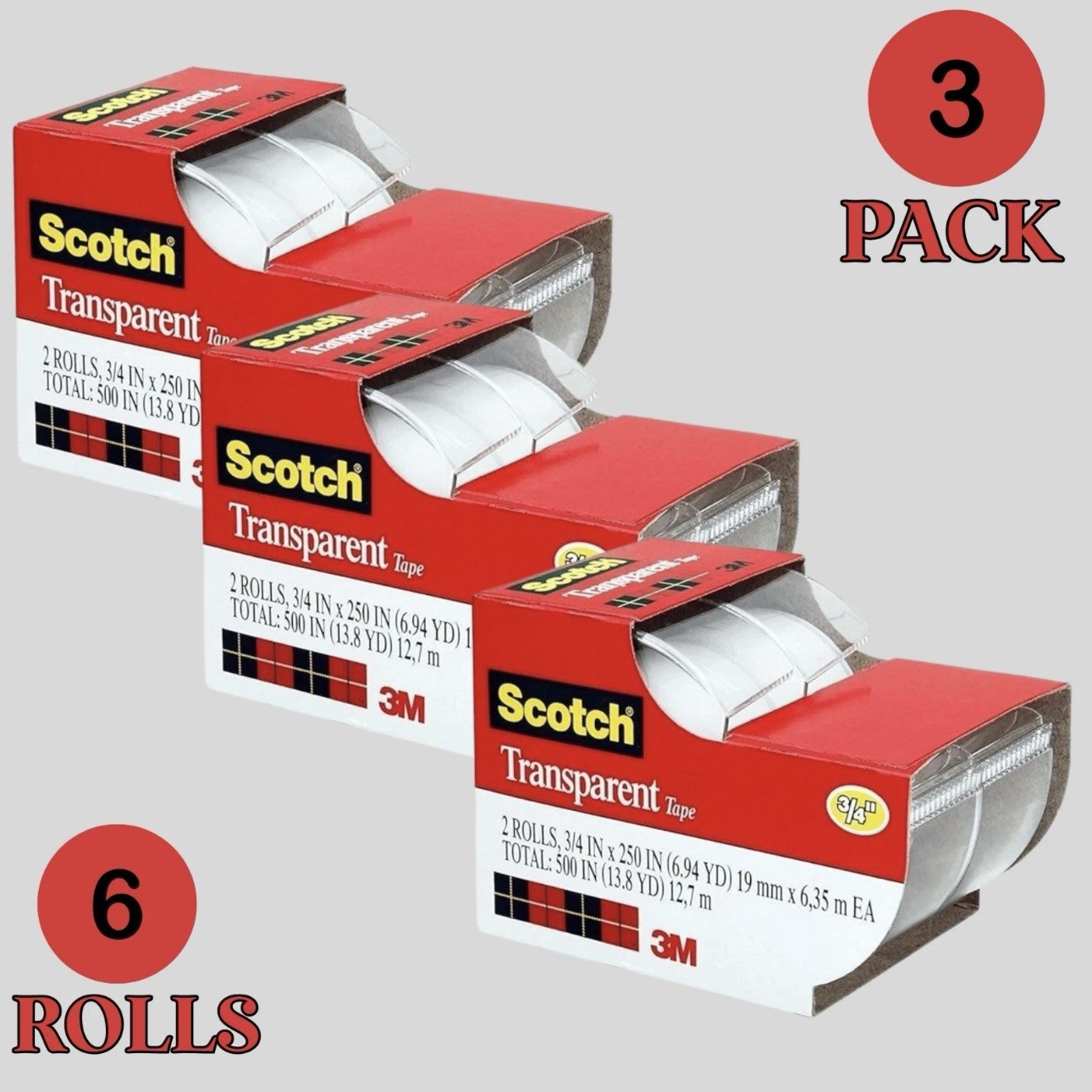 Scotch Transparent Tape 3/4″ x 250″, 3 Pack (6 Rolls) Strong Clear Adhesive 3M