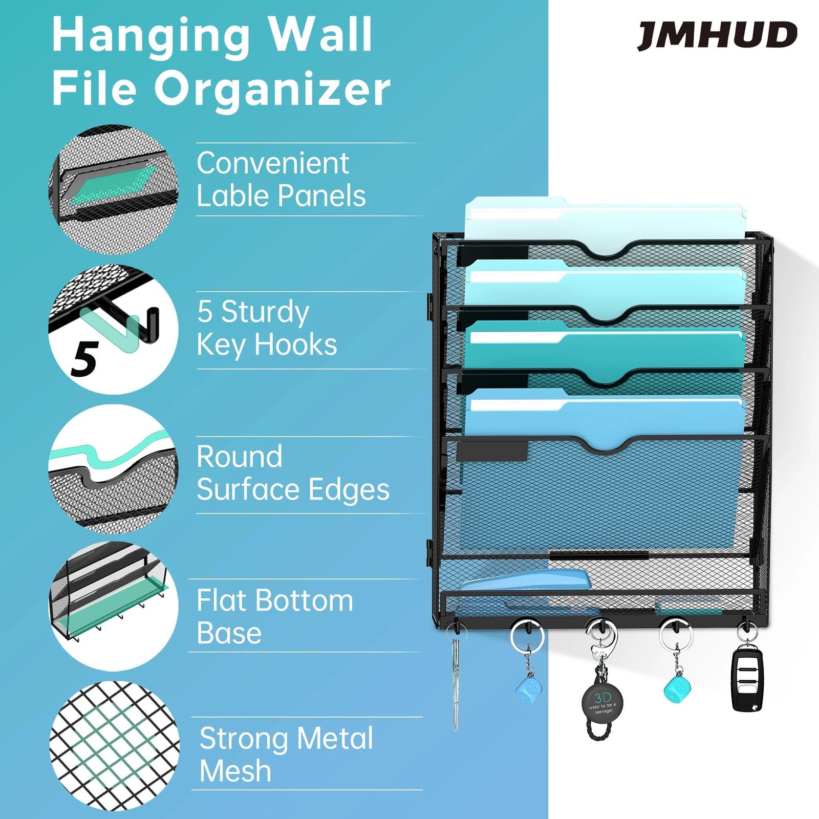 5 Tier Wall File Organizer Hanging File Organizer with 5 Hooks, Mail Holder …