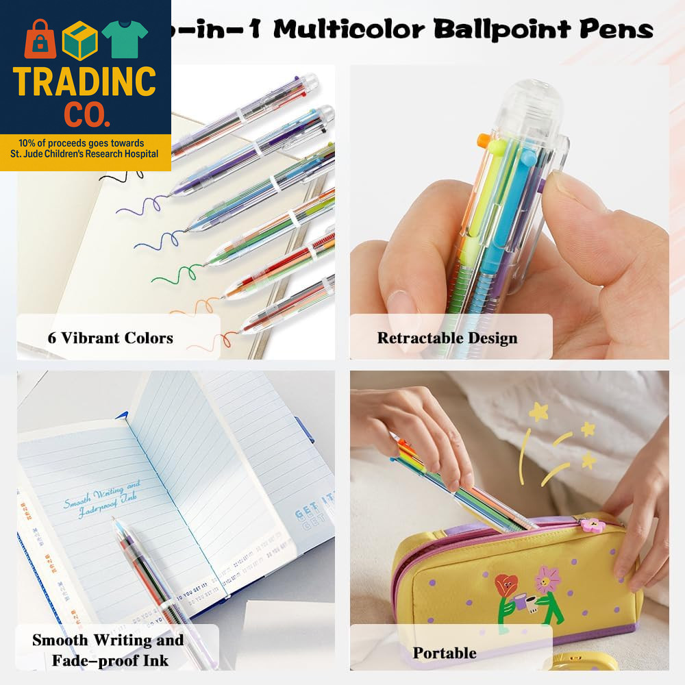 24 Pack Multicolor Pen 0.5Mm 6-In-1 Ballpoint Retractable Colored Pens for Schoo