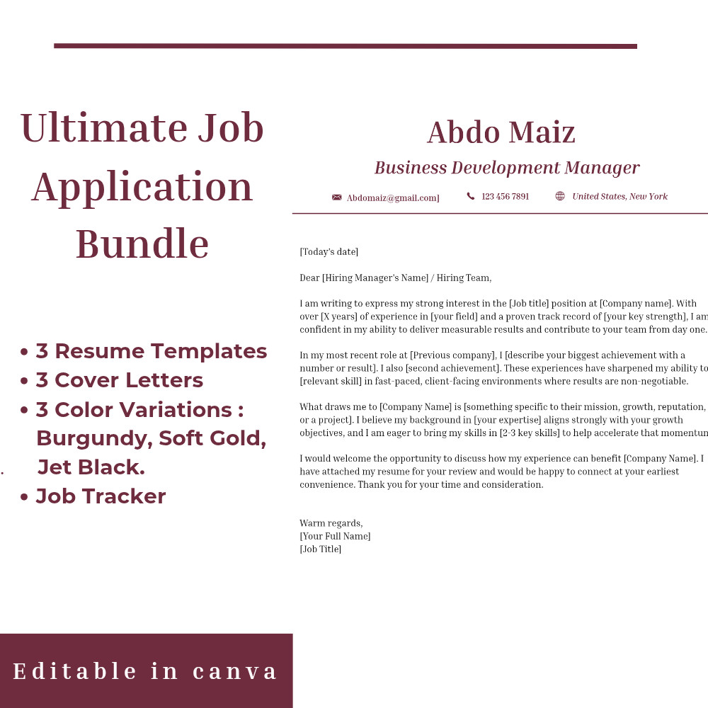 Professional Resume CV & Cover Letter Bundle + Job Tracker | Canva editable