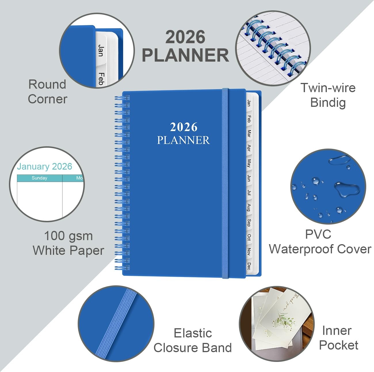 2026 Planner Weekly Monthly Academic 12 Month 6.4×8.5 Blue Flexible Cover Pocket