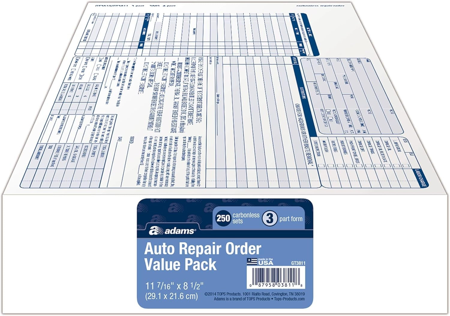 Adams Garage Repair Order Forms, 8.5 X 11 Inch, 3 Parts, 250-Count, White and Ca