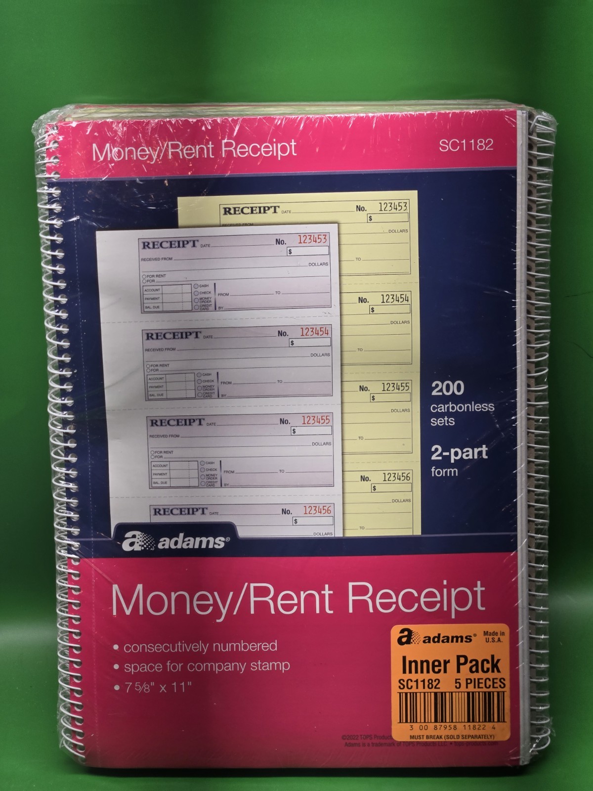 LOT OF 5-SC1182 ADAMS -2 PART CARBONLESS -MONEY RENT RECEIPTS-TOTAL OF 1000