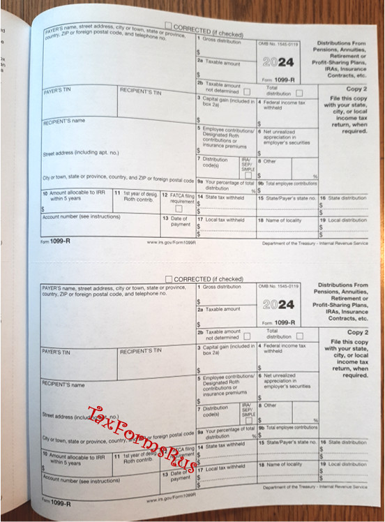 2024 IRS Tax Form 1099-R — NonCarbonless for 10 recipients + (2) 1096 — NO Env