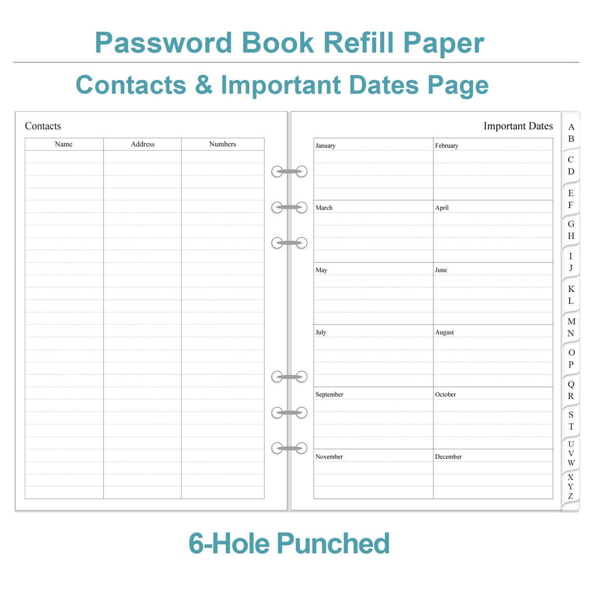 Password Book Refills for A5 Binder – A-Z 5.8 inches X 8.3 inches, white