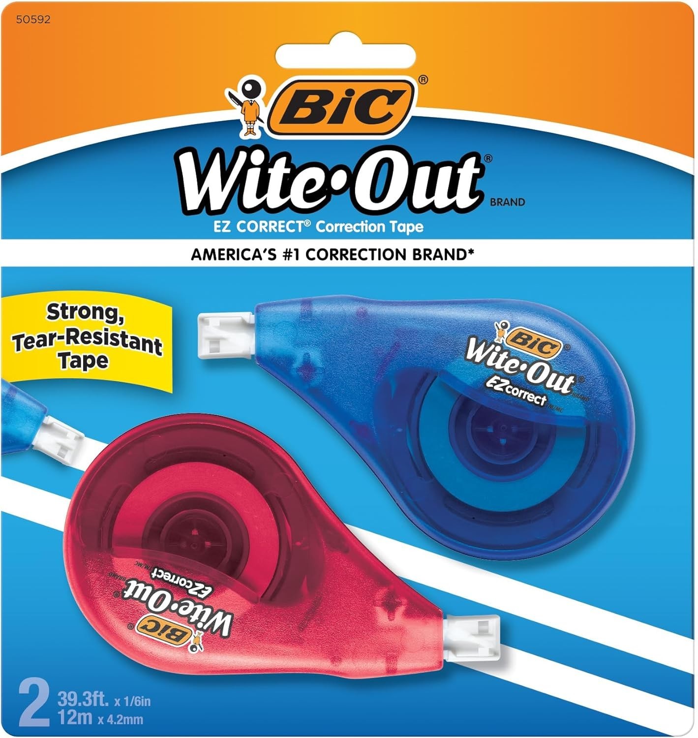 BIC Wite-Out EZ Correct Tape, White, Instant Cover, Tear Resistant, 2 Pack