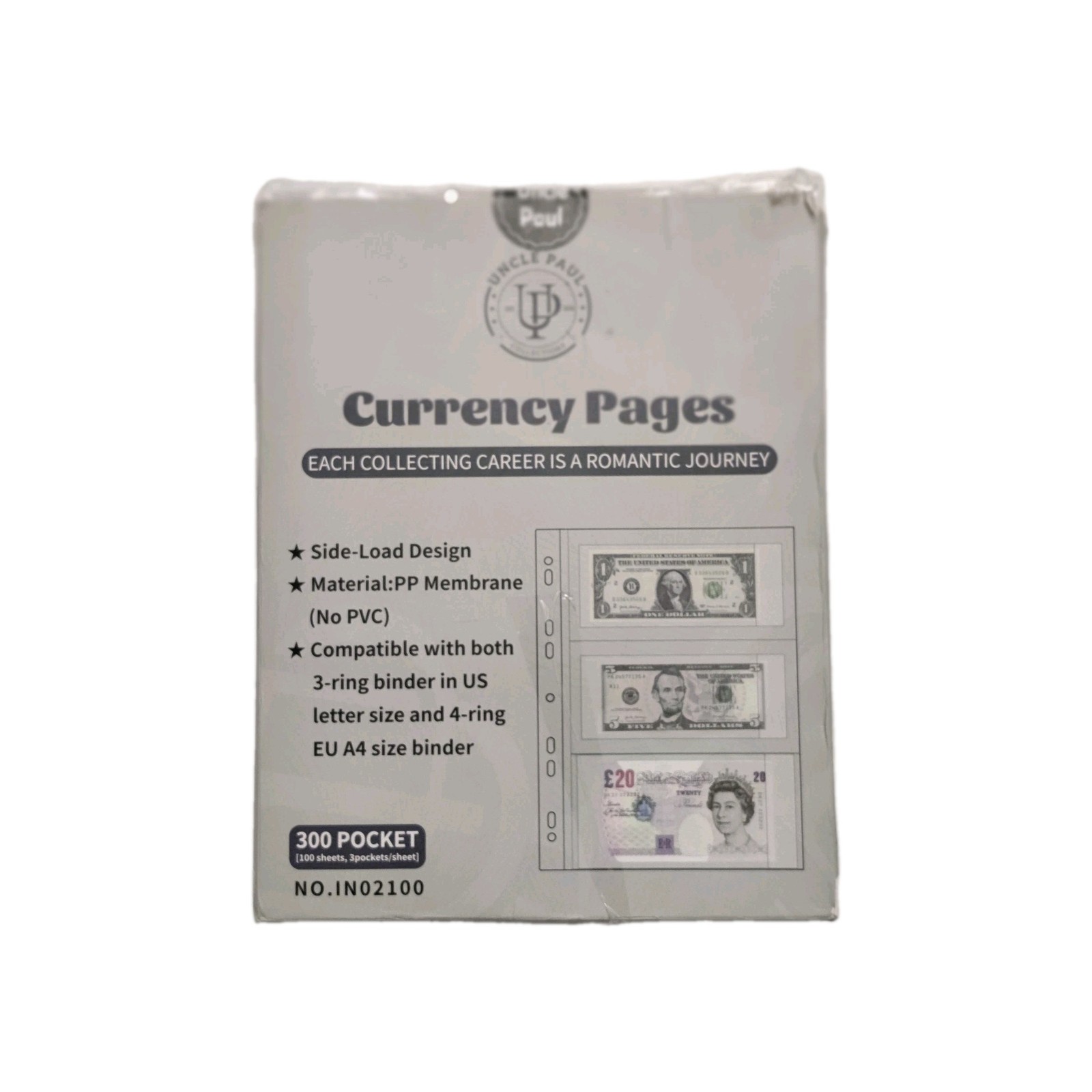 (100) Uncle Paul Currency Pages Sheets,3 Pockets Per Sheet 7×3.5 In Pocket,,,