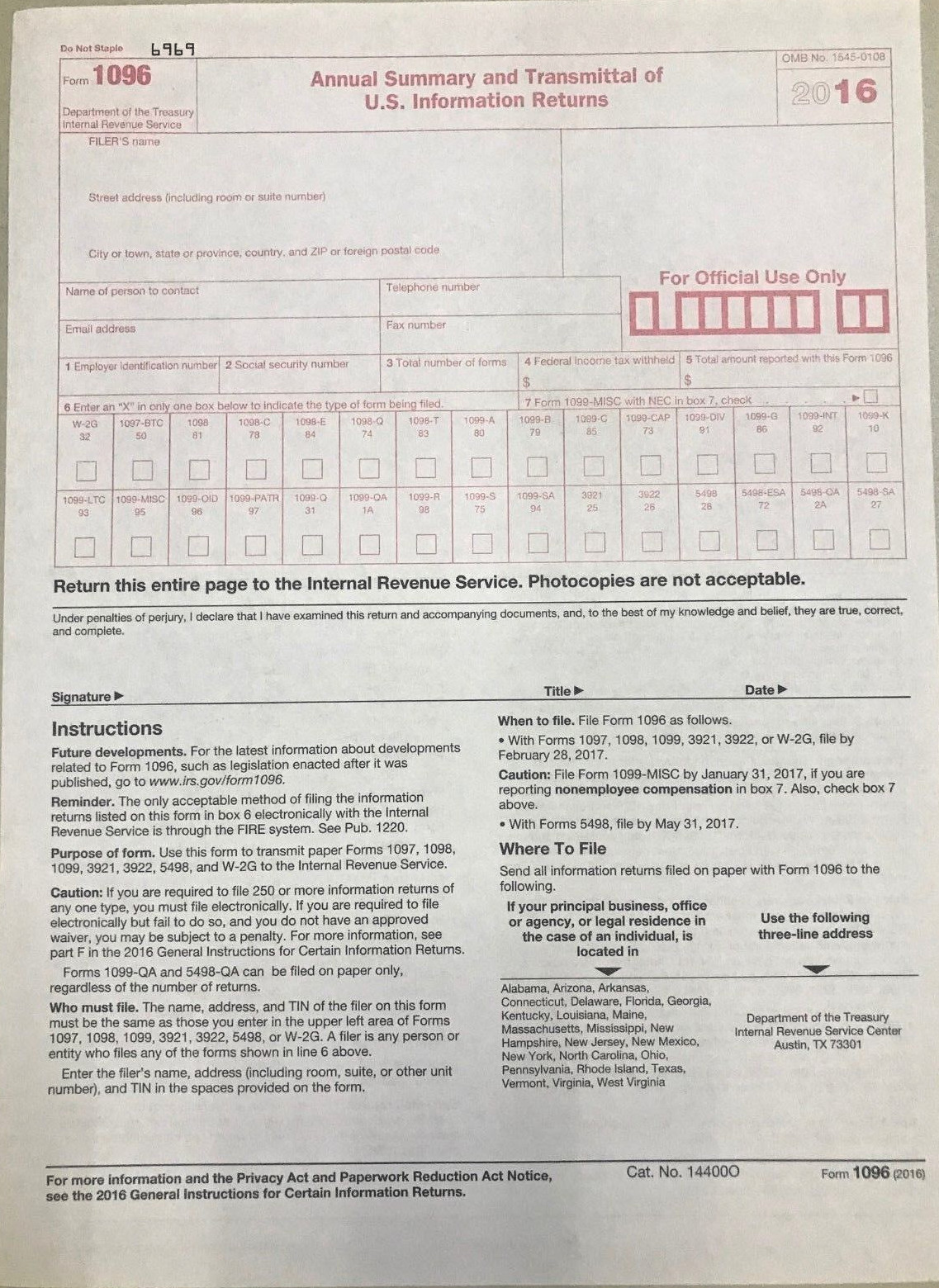 (4) 2016 IRS TAX FORMS 1099-MISC (4) Recipients) + 1 FORMS 1096