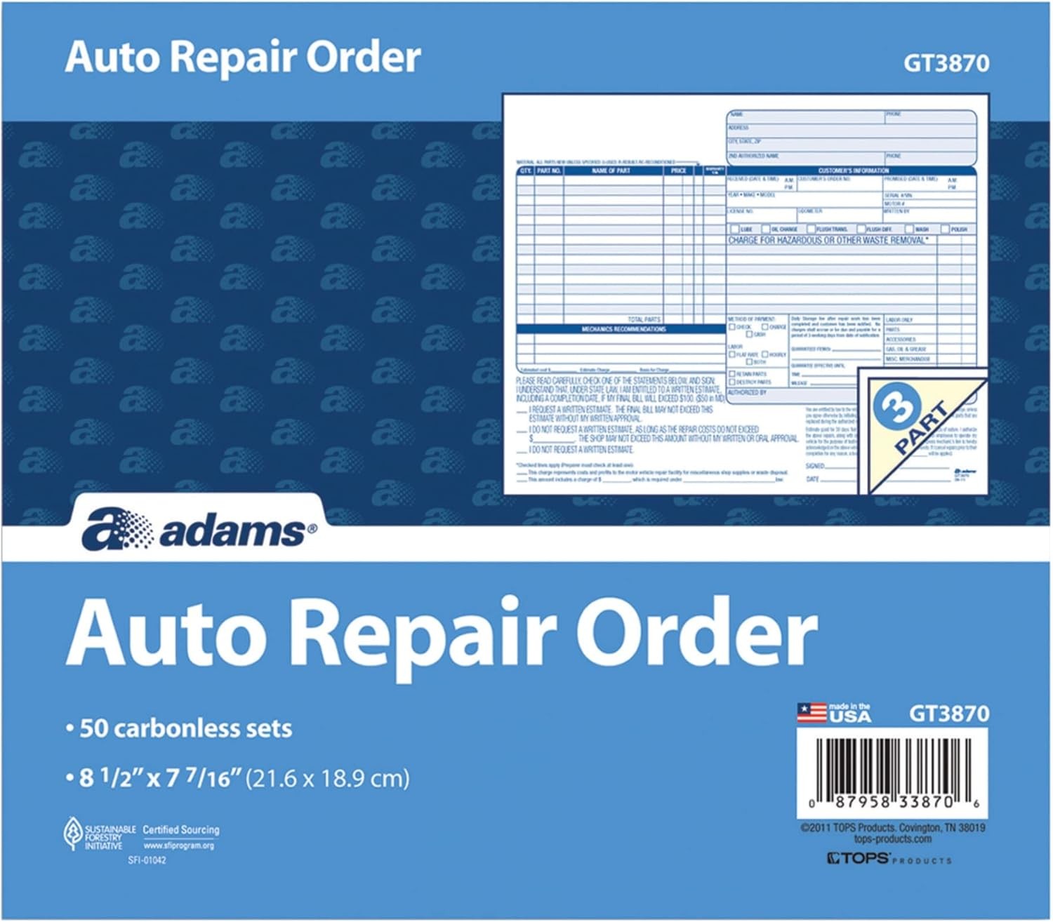 Adams 3-Part Carbonless Auto Repairs Book 8.5″L x 7.44″W 50 Forms/Book 301630