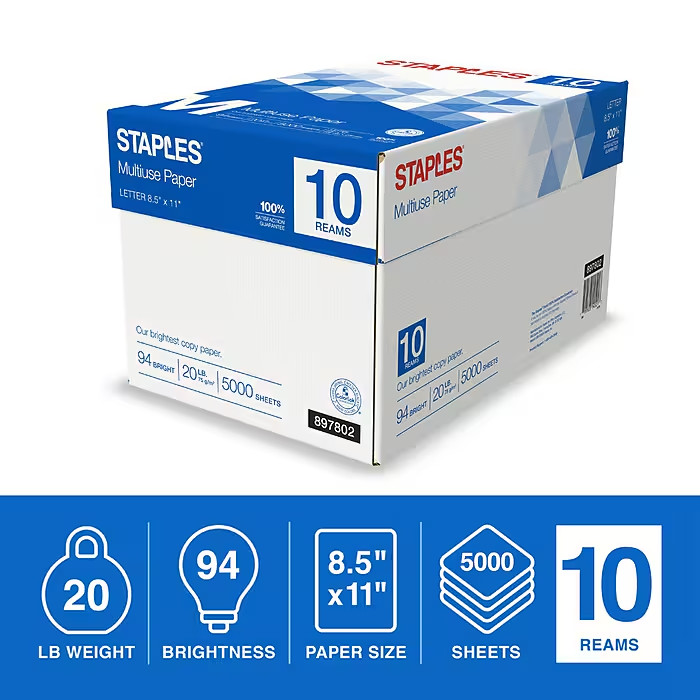 Staples Multiuse Copy Paper 8.5×11 20 lb 94 Brightness 10 Reams – 5000/carton