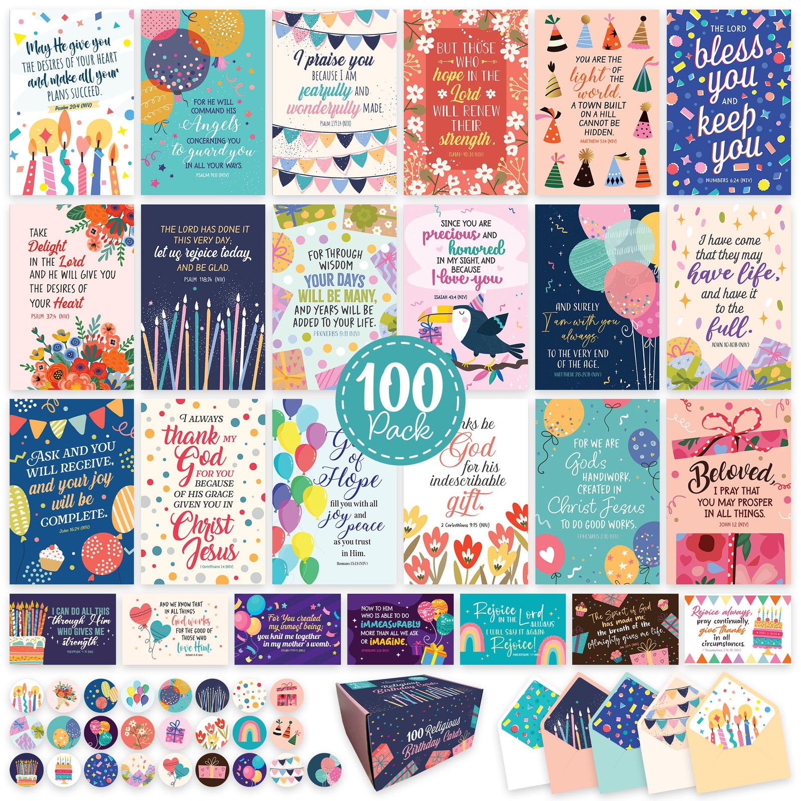 Decorably 100 Pack 4x6in Christian Birthday Cards Bulk 4×6 inches, Multicolor