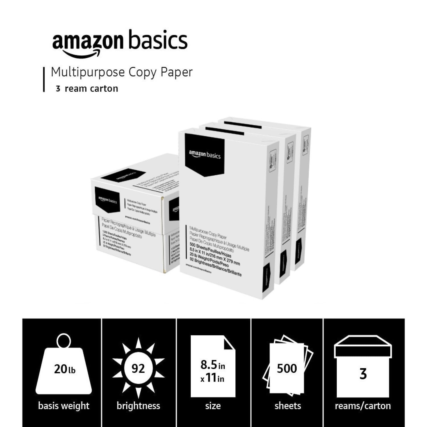 Amazon Basics Multipurpose Copy Printer Paper, 3 Reams | 1500 Sheets, White