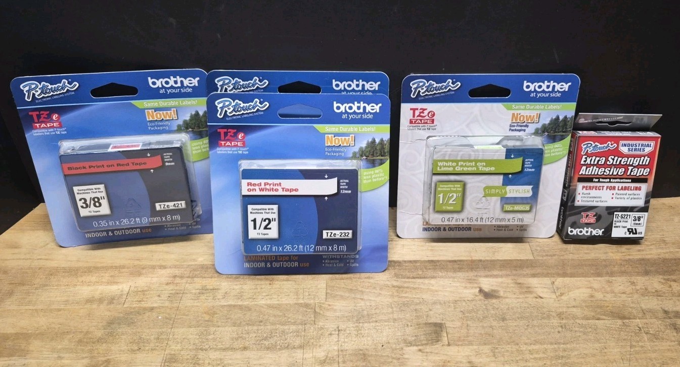Lot Of 5 Packs Brother TZe-421, (2) TZe-232, TZe-MOG35 & TZs-221 Laminated Tape