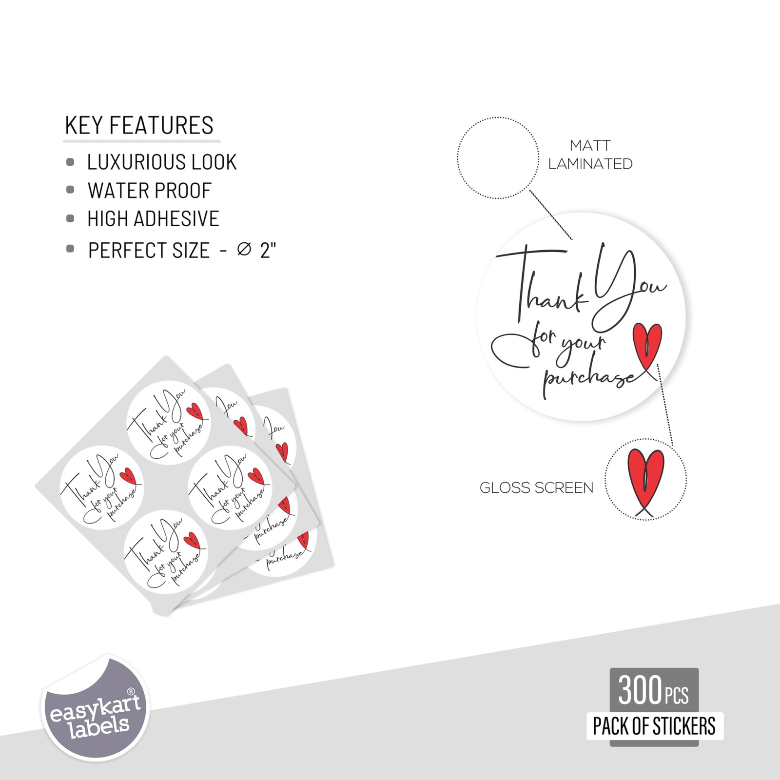 easykart labels 300 Thank You for Your 300 Stickers, White -With Red Heart