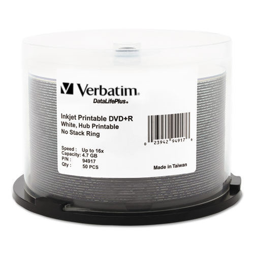 Verbatim 94917 4.7 GB 16x DVD R Recordable Disc – White (50/Pack) New