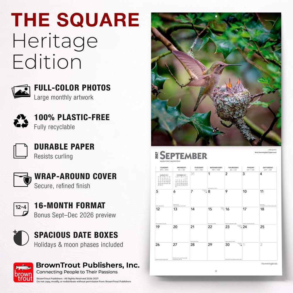 Hummingbirds | 2027 12×24″ (Hanging) Monthly Square Wall Calendar | Plastic-Free