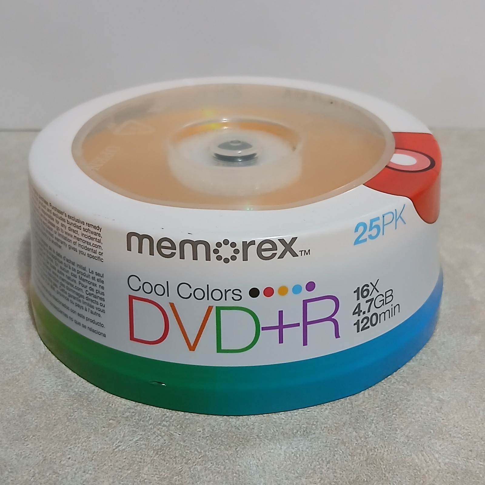 New! Sealed! 25 Pack Memorex 16X Cool Color Blank 4.7GB DVD+R 120Min