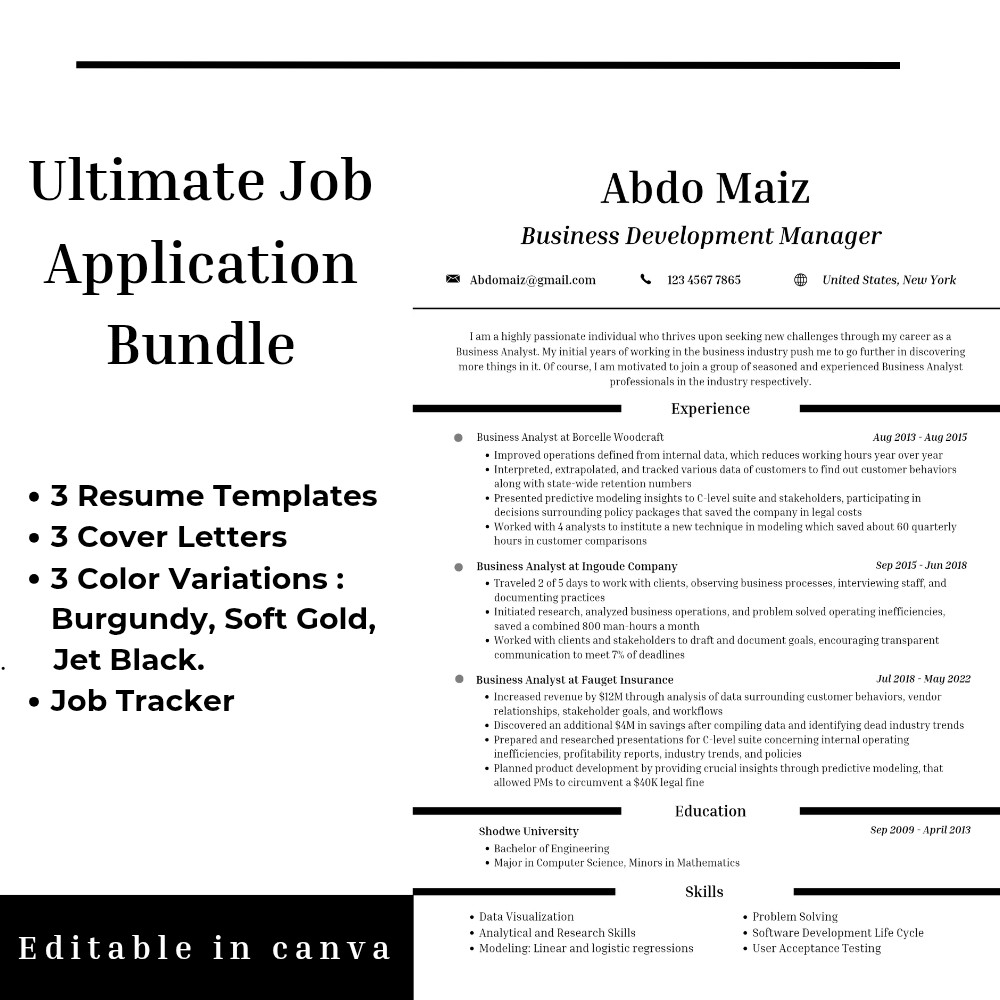 Professional Resume CV & Cover Letter Bundle + Job Tracker | Canva editable