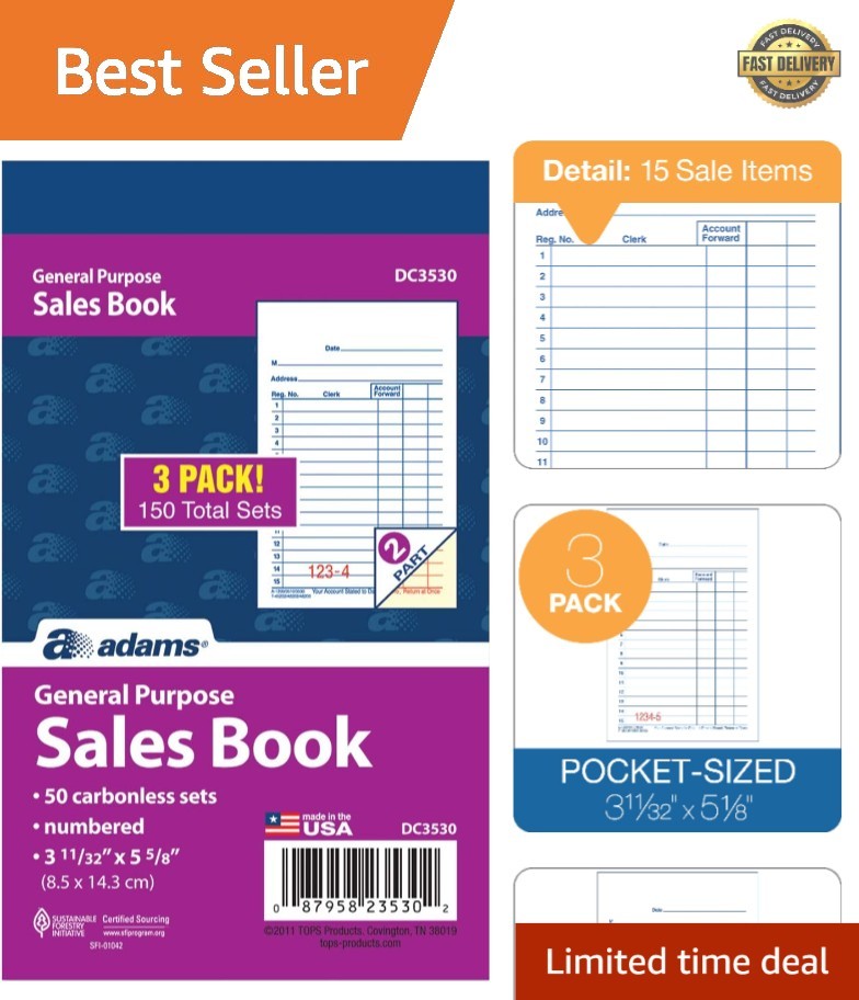 General Purpose Sales Book, 2-Part, Carbonless, White/Canary, 3-11/32 x 5-5/8…