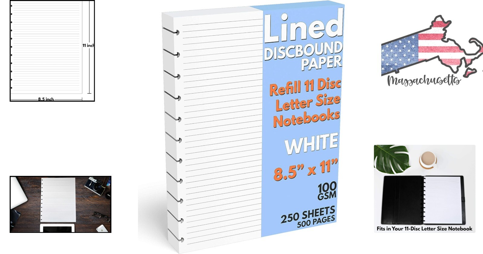 Letter Size Lined Paper Refill – 250 Sheets, 8.5×11 in, 100 GSM, 11 Disc Note…