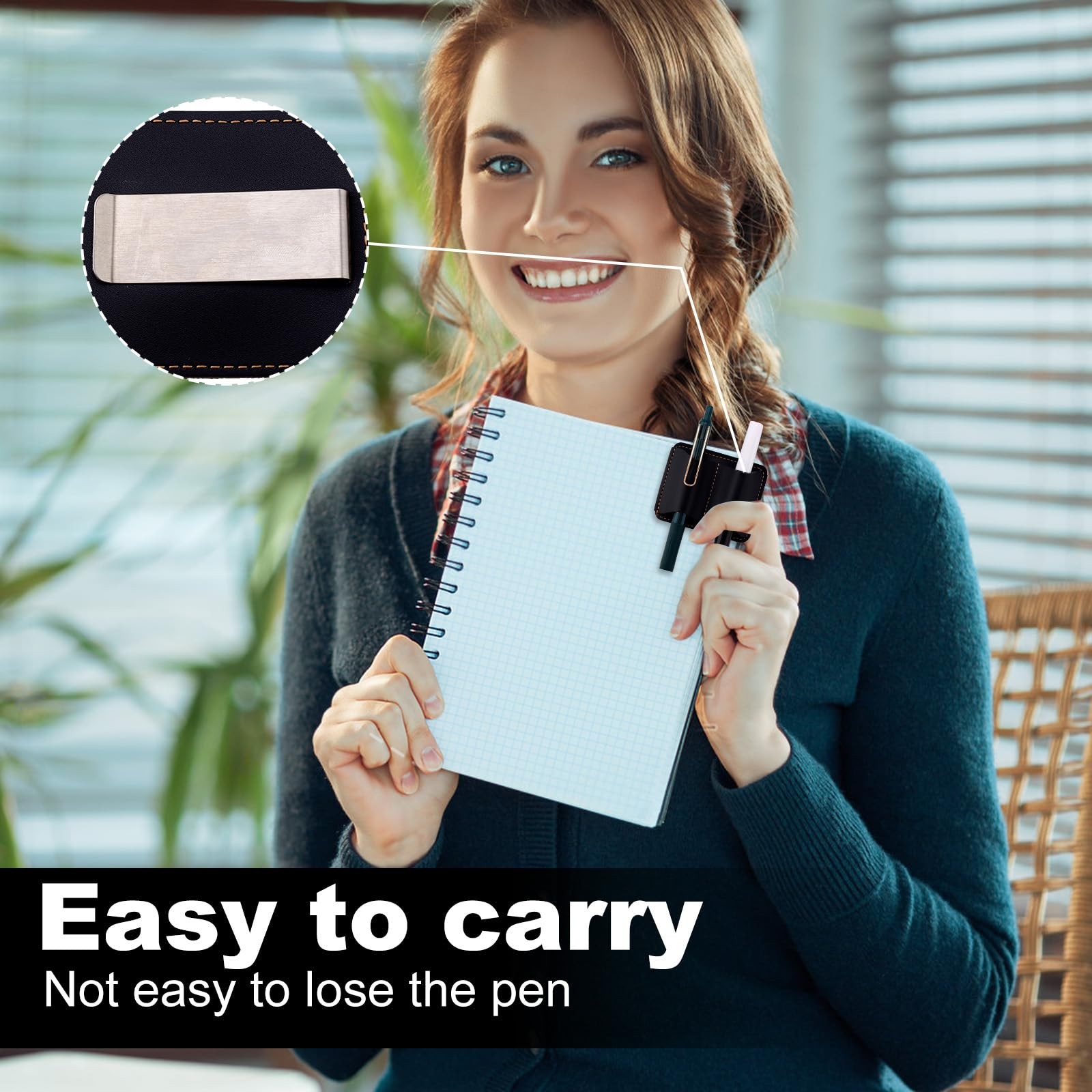 Black Notebook Pen Pencil Holder Clip, 3×2.4in Two Hole Leather Pen Holder Cl…