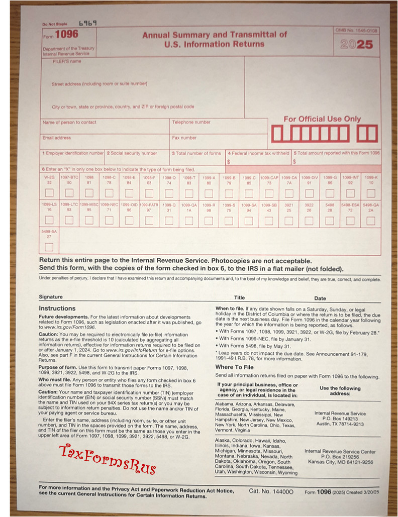 2025 IRS Tax Form 1099-MISC for 4 recipients + (1) 1096, NON-Carbonless, NO Env