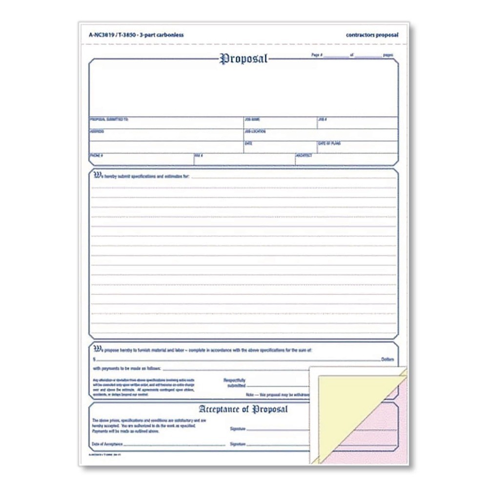 Adams NC3819 Three-Part Carbonless Contractor Proposal Form (50/Pack) New