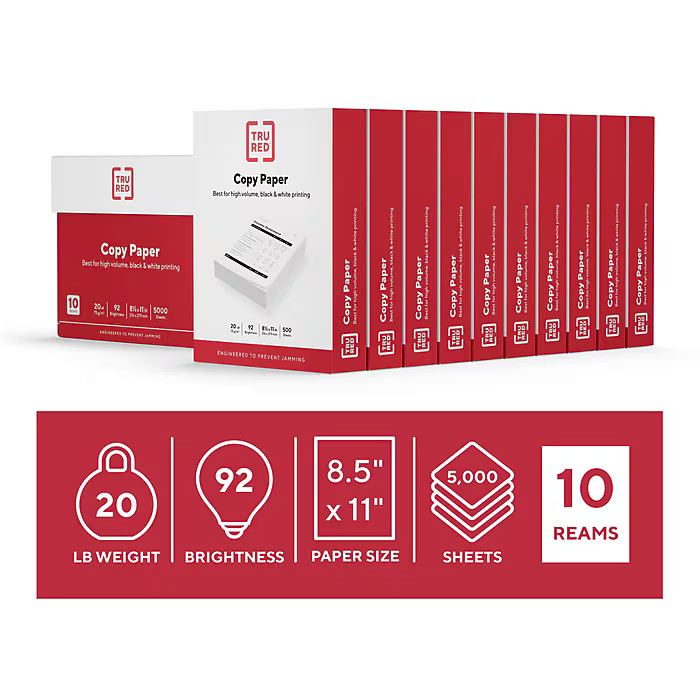 TRU RED Copy Paper 8.5×11 20 lb White 500 Sheets 10 Reams 5000 Sheets Carton