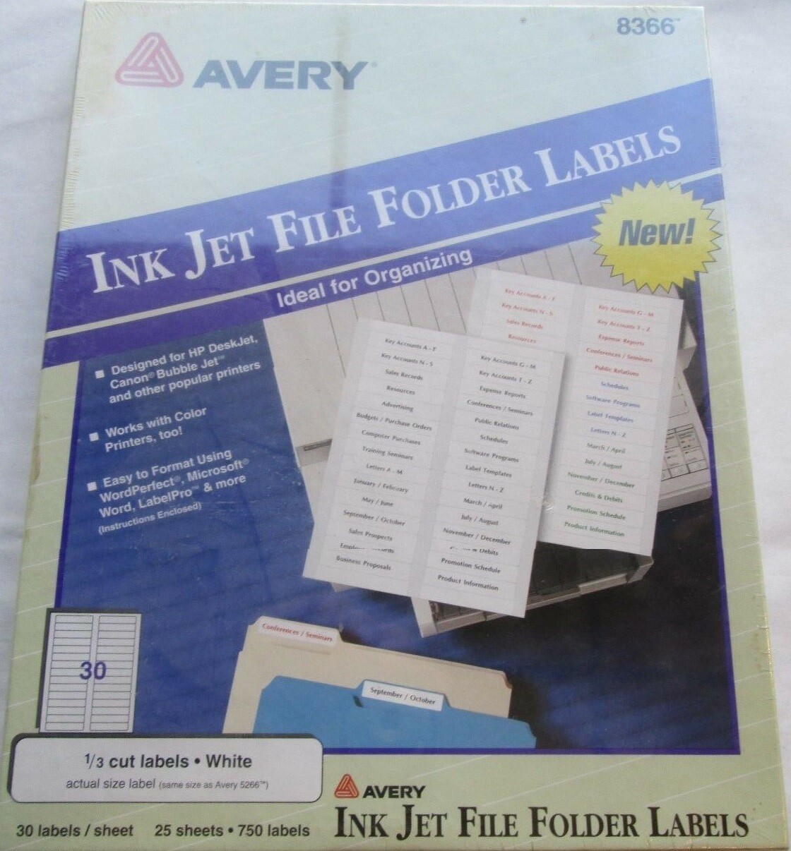 #8366 AVERY INK JET WHITE FILE FOLDER LABELS 1/3 CUT LABELS 750 FREE SHIPPING US