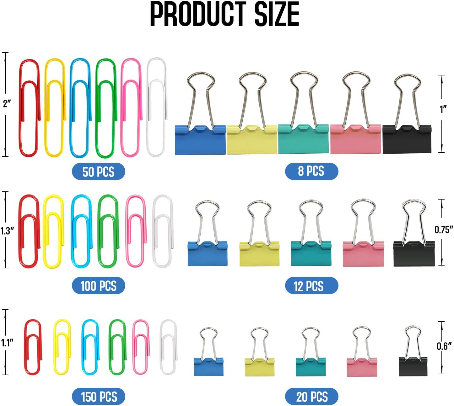 Paper Clips & Binder Clips | 340 pieces | Assorted Sizes/Colors, Tempered Steel