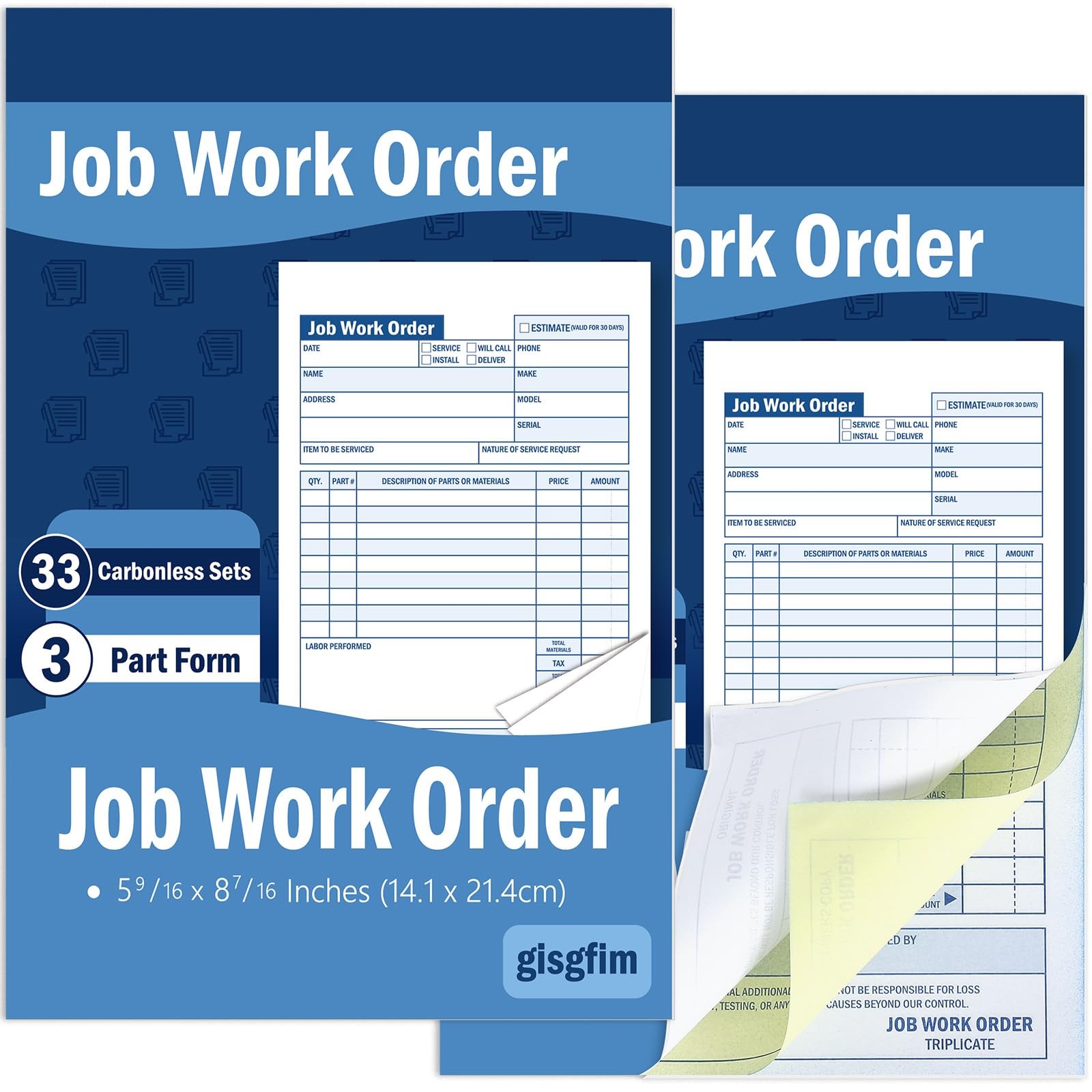 gisgfim 2 Pads Job Work Order Book 3 Part Carbonless Receipt White and Blue