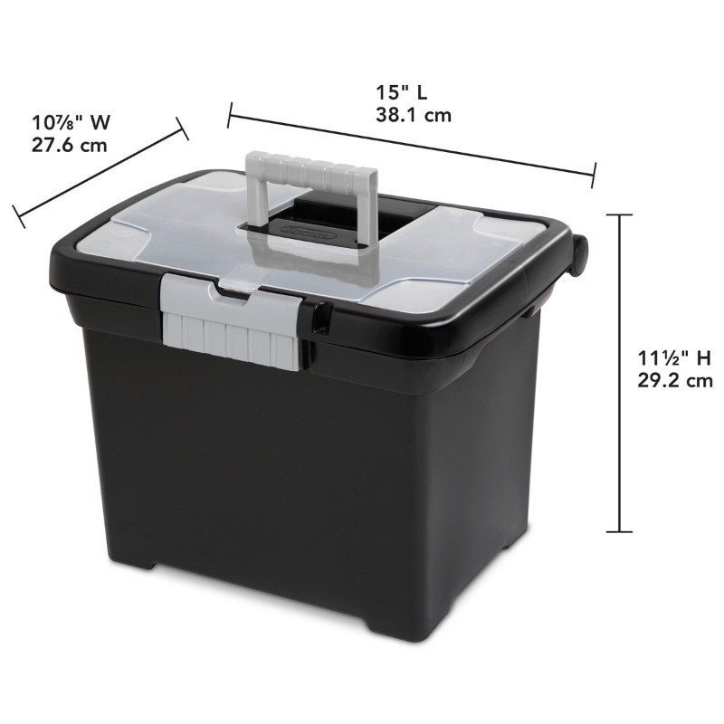 Medium Letter File Box Black: Plastic File Organizer with Handle & Clear Cover