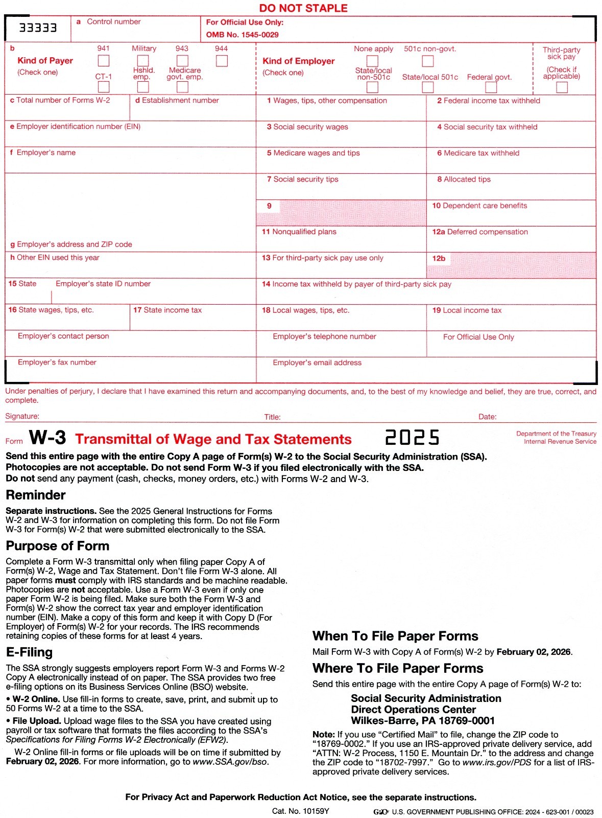 2025 IRS Tax Form W-2 -6 employees LASER and 1 W-3 — NO ENVELOPES