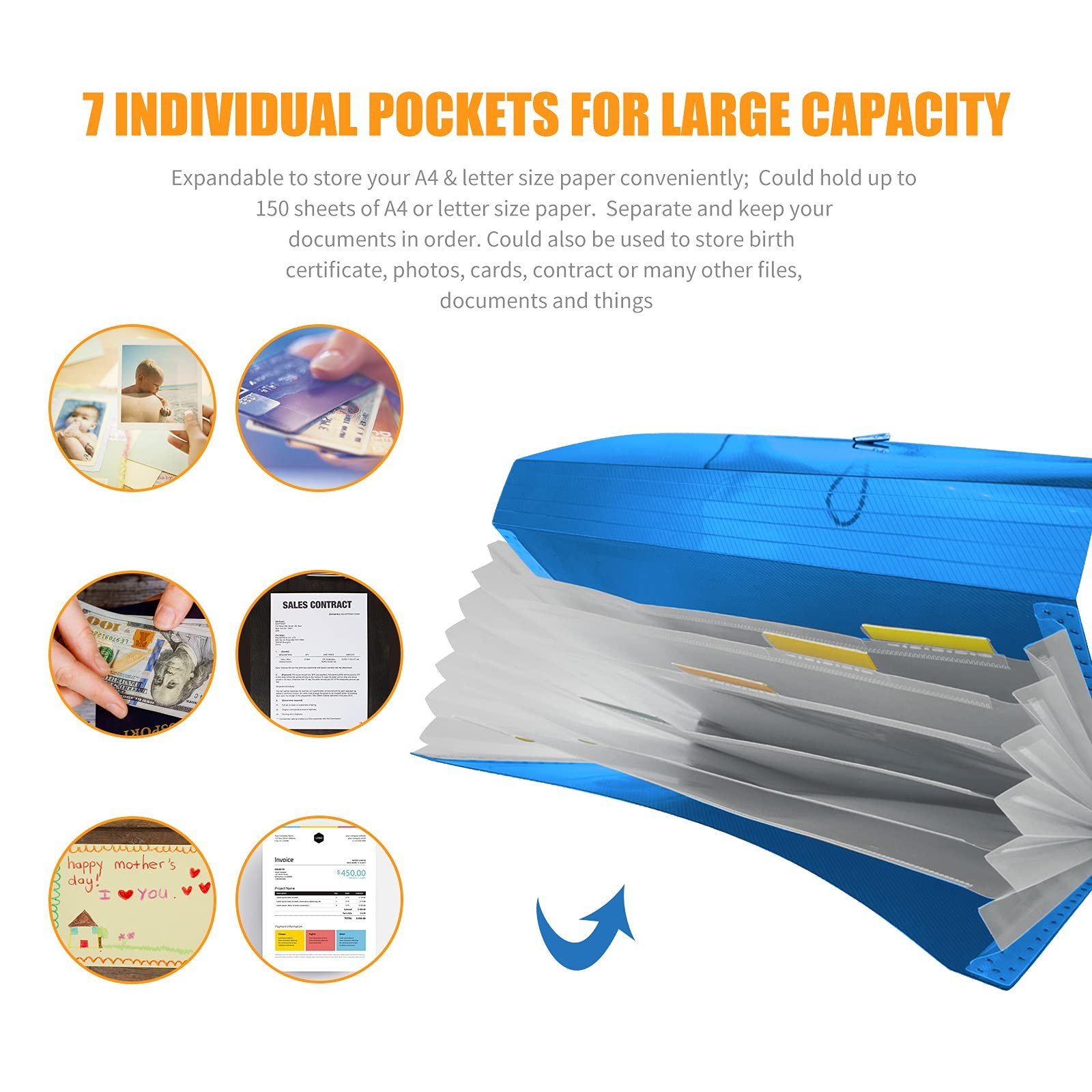 5 Pack 7 Pocket Expanding File Folder with Colored Tabs, A4 Multicolored