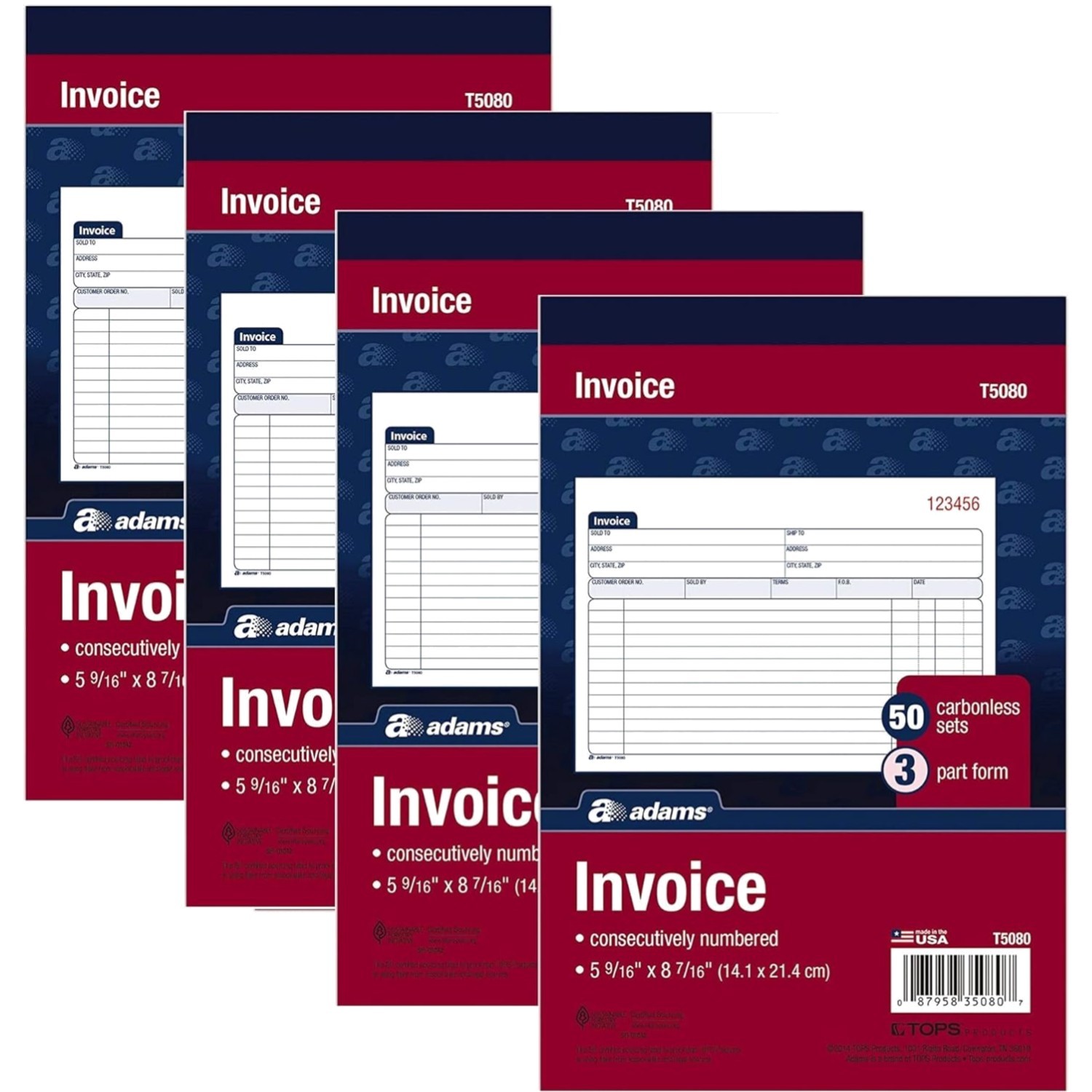 Invoice Book, 3-Part, Carbonless, 5-9/16 x 8-7/16 Inches, 50 Sets per Book T5…