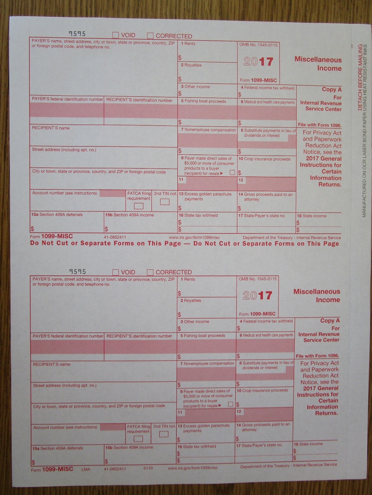 2017 IRS Tax Form 1099-MISC Laser 4 recipients+(1)1096 #TF6103 4-pt — NO Env