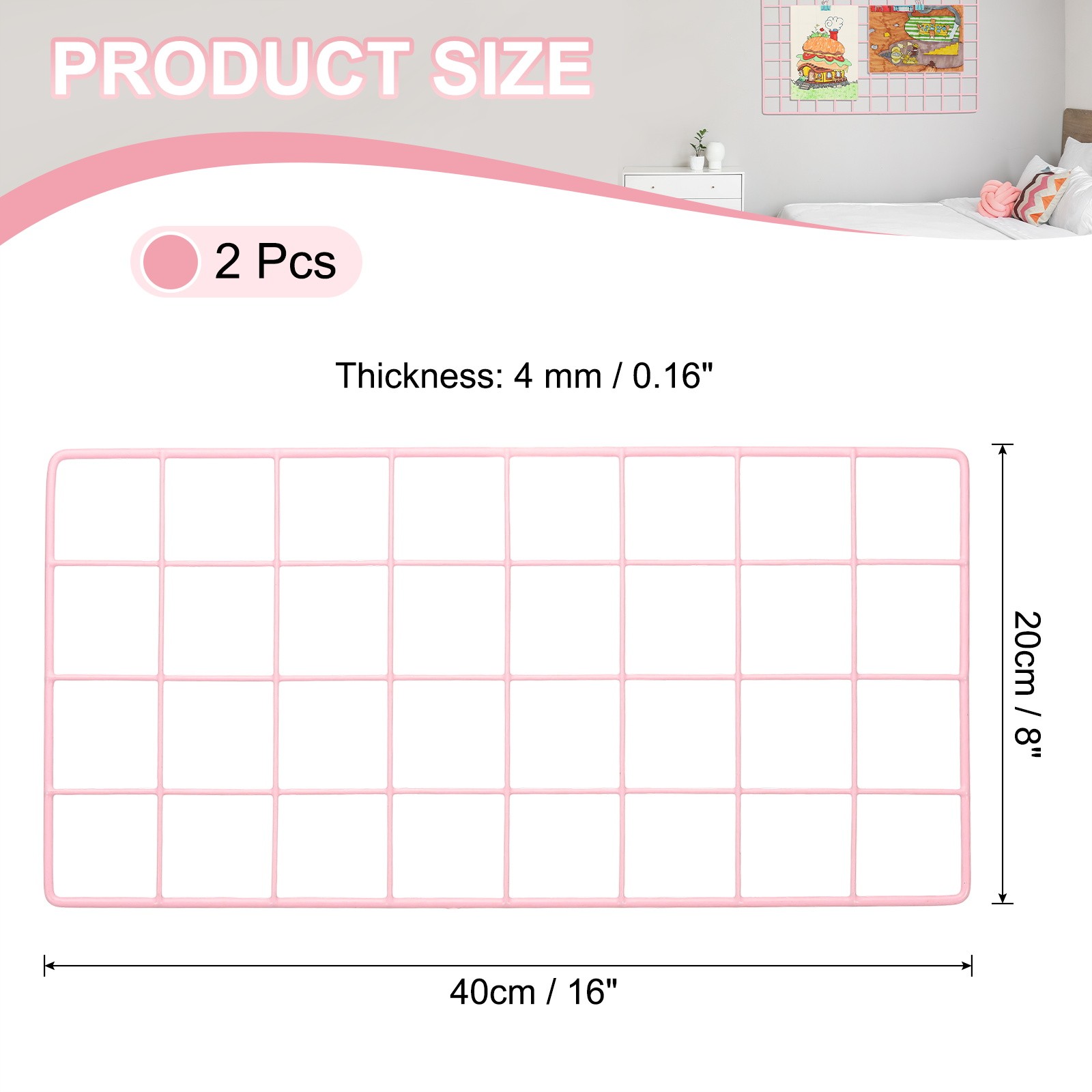 16″x8″ Wire Grid Panel, 2 Pack Wall Grid Decorative Board Photo Display Pink