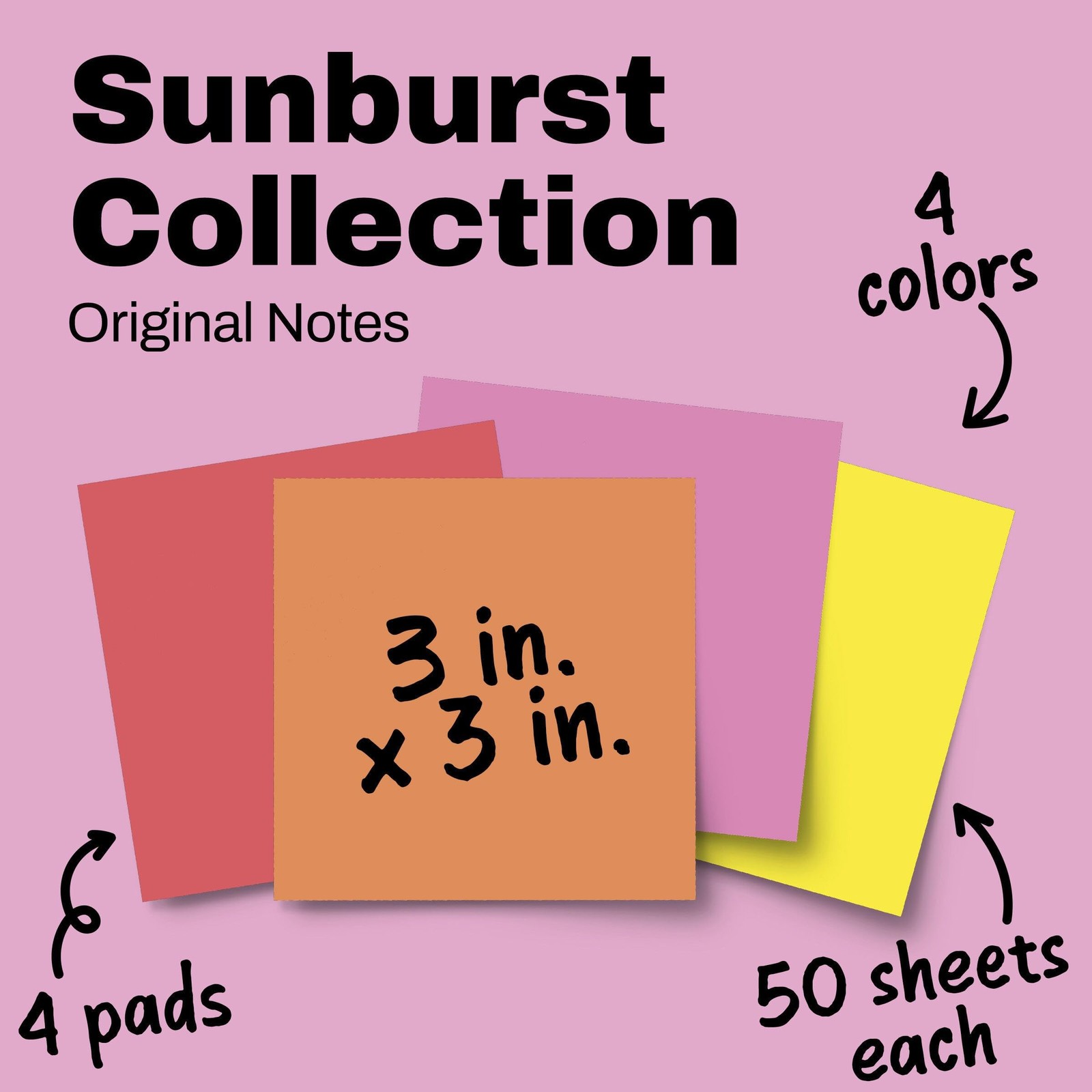 Post-it Notes, 4 3″ x 3″, Fiesta, Vital Orange, Cosmic Pink, Lemon Sour