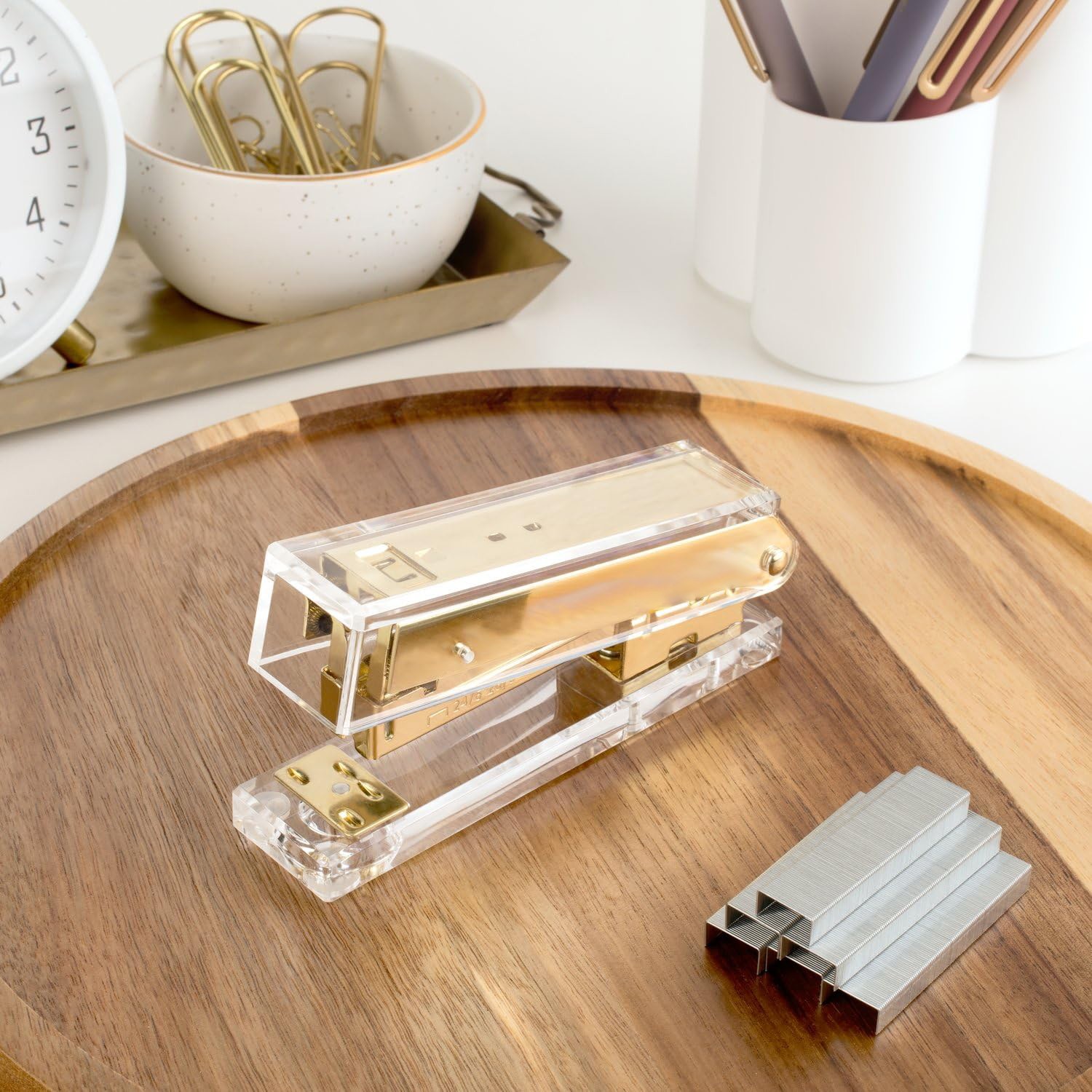 Stylish Clear Stapler, 20 Sheet Capacity, Gold Trim, For Documents And Paper