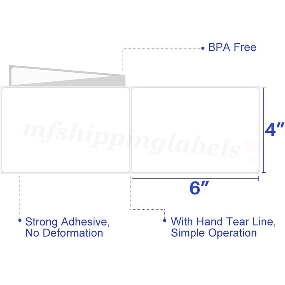5000 4″x6″ Fanfold Direct Thermal Shipping Labels Perforated for Zebra & Rollo