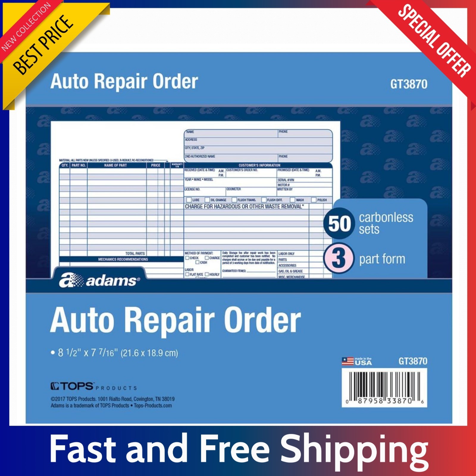 50 Pack Auto Repair Order Forms (GT3870) – 3 Part Carbonless White Canary Forms.