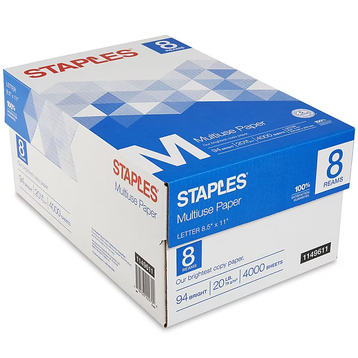 Staples Multipurpose Copy Paper 8.5×11 Letter 20lb 94 Bright 8 Reams 4000 Sheets